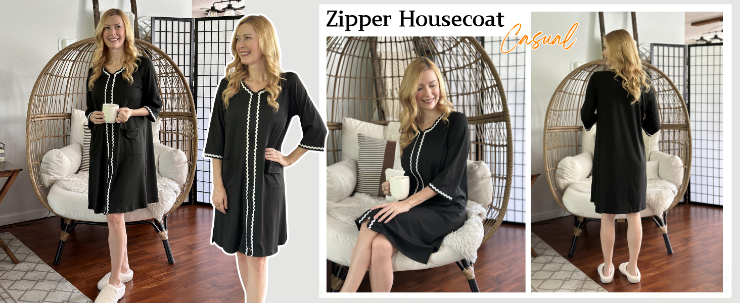Ekouaer Zipper Robes for Women 3/4 Sleeves Lightweight House Coat